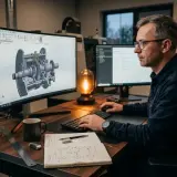 Doświadczony konstruktor pracuje nad projektem mechanicznym na komputerze. Na biurku leży szkic techniczny i kubek z logo MD.