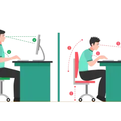 Prawidłowa postawa przy biurku vs. zgarbiona. Dbaj o ergonomię, by uniknąć bólu pleców i oczu.