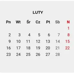 Kalendarz z miesiącem Luty, dniami tygodnia i numerami dni.