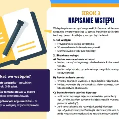 Ilustracja pokazuje otwartą książkę z ołówkiem, symbolizującą pisanie. Tekst omawia pisanie wstępu do rozprawki, co jest kluczowe dla dobrej opinii o praktykancie.