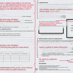 Zdjęcie przedstawia formularz wniosku o wydanie prawa jazdy, gdzie zaznaczono opcje dotyczące składania wniosku po raz pierwszy. Widać pole na fotografię o wymiarach 3,5 x 4,5 cm, która jest wymagana do wniosku.