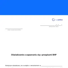 Oświadczenie o zapoznaniu się z przepisami BHP. Dokument potwierdza, że za stan bezpieczeństwa i higieny pracy w zakładzie odpowiada pracownik.