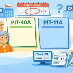 Czy emeryt musi rozliczyć PIT-11A? ZUS i KRUS obok PIT-40A i PIT-11A, kalendarz z końcem lutego i komputer z e-PIT.
