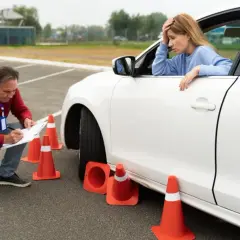 Zestresowana kursantka podczas **testów opiekunka dziecięca** na placu manewrowym. Instruktor notuje jej postępy.