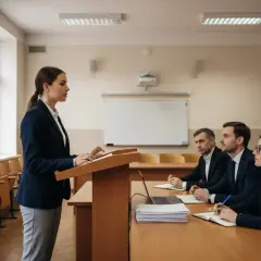 Studentka prezentuje swoją pracę licencjacką przed komisją.