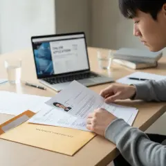 Młody mężczyzna przegląda dokumenty na biurku, obok laptopa z otwartą aplikacją online.