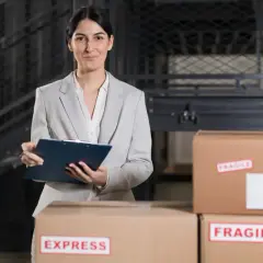 Agent celny z notatnikiem w ręku nadzoruje przesyłki, w tym oznaczone jako "EXPRESS" i "FRAGILE".