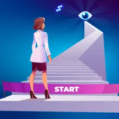 Kobieta w białej marynarce stoi przed schodami z napisem "START". To symboliczny początek drogi do sukcesu, jak podczas egzaminu na technika administracji.