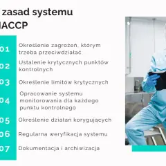 Pracownik w czystym pomieszczeniu analizuje zasady HACCP, systemu zapewniającego bezpieczeństwo żywności.