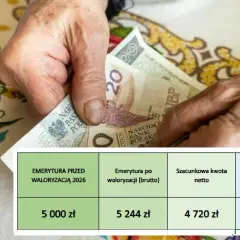 Tabela waloryzacja emerytury: przed waloryzacją 5000 zł, po waloryzacji brutto 5244 zł, szacunkowa kwota netto 4720 zł, różnica netto 175 zł.