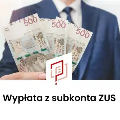 Dłoń w garniturze trzyma banknoty 500 zł. Temat: wypłata z subkonta ZUS po zmarłym.