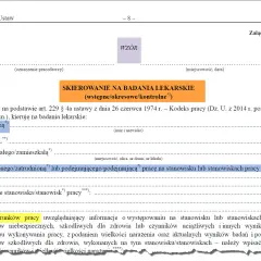 Skierowanie na badania lekarskie pracownika, zawierające dane osobowe, stanowisko pracy i opis warunków pracy.