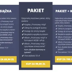 Trzy pakiety z książką „Finansowy ninja” i dodatkami. Pisarz oferuje opcje z autografem, ebookami i kursem.
