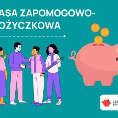 Ludzie współpracują, by zasilić kasę zapomogowo-pożyczkową. Różowa świnka-skarbonka z monetami symbolizuje oszczędności.