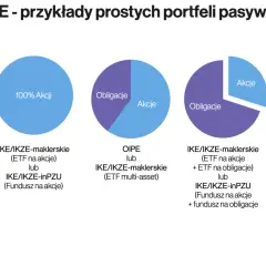Wykresy kołowe przedstawiające różne proporcje obligacji i akcji w portfelach inwestycyjnych.