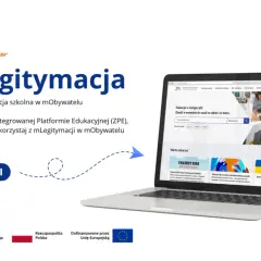 Laptop z otwartą stroną mLegitymacji na ekranie, z tekstem i logotypami.