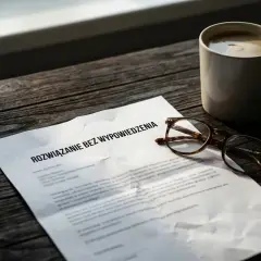 Dokument "Rozwiązanie bez wypowiedzenia", okulary i filiżanka kawy na drewnianym stole.