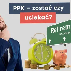 Mężczyzna w garniturze zastanawia się nad zegarem, skarbonką i znakiem "Retirement".