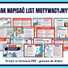 Grafika przedstawia kolaż z kilkunastu mniejszych grafik, które zawierają porady dotyczące pisania listów motywacyjnych.
