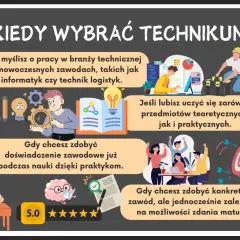 Grafika wyjaśnia, kiedy wybrać technikum. To dobra opcja, jeśli myślisz o pracy w branży technicznej, lubisz naukę teoretyczną i praktyczną, chcesz zdobyć doświadczenie zawodowe i zależy Ci na zdaniu matury.