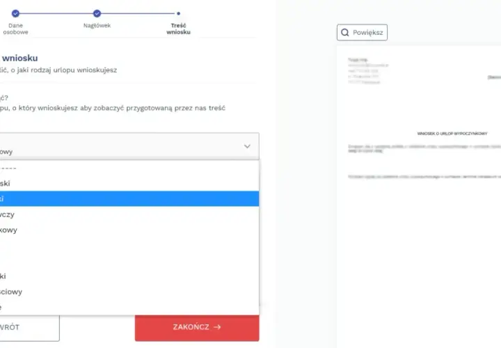 Formularz wniosku o urlop z rozwijaną listą rodzajów urlopów, gdzie zaznaczony jest "Urlop rodzicielski".