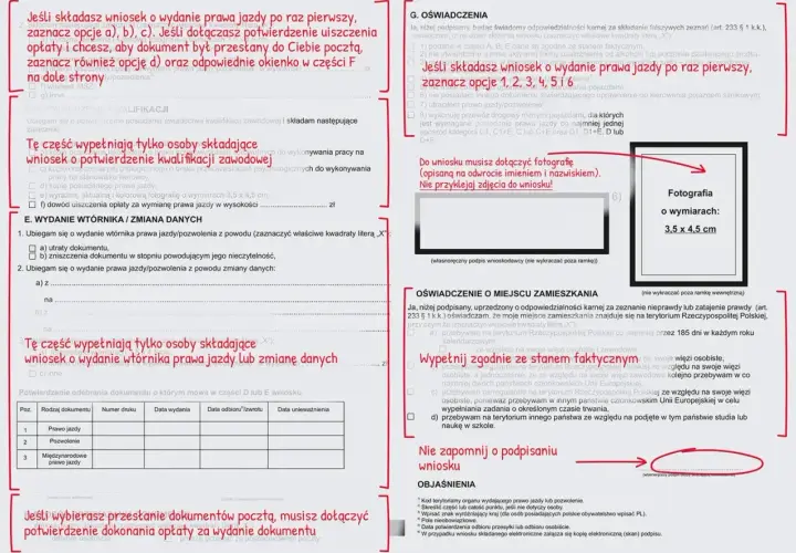 Zdjęcie przedstawia formularz wniosku o wydanie prawa jazdy, gdzie zaznaczono opcje dotyczące składania wniosku po raz pierwszy. Widać pole na fotografię o wymiarach 3,5 x 4,5 cm, która jest wymagana do wniosku.