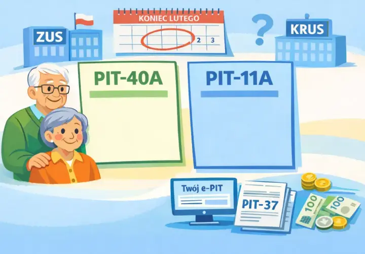 Czy emeryt musi rozliczyć PIT-11A? ZUS i KRUS obok PIT-40A i PIT-11A, kalendarz z końcem lutego i komputer z e-PIT.