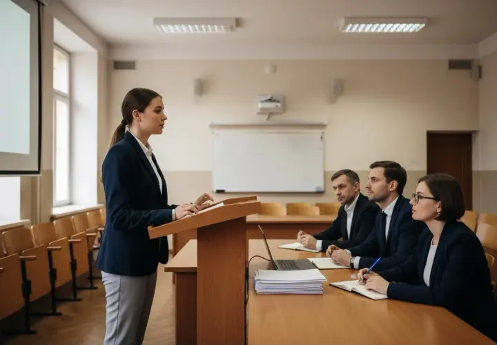Studentka prezentuje swoją pracę licencjacką przed komisją.
