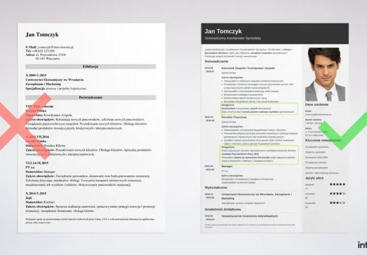 CV Jana Tomczyka z jego zdjęciem, danymi kontaktowymi i podsumowaniem doświadczenia.