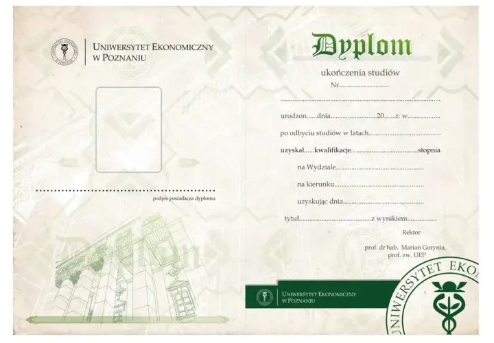 Dyplom ukończenia studiów Uniwersytetu Ekonomicznego w Poznaniu z miejscem na zdjęcie i podpis.