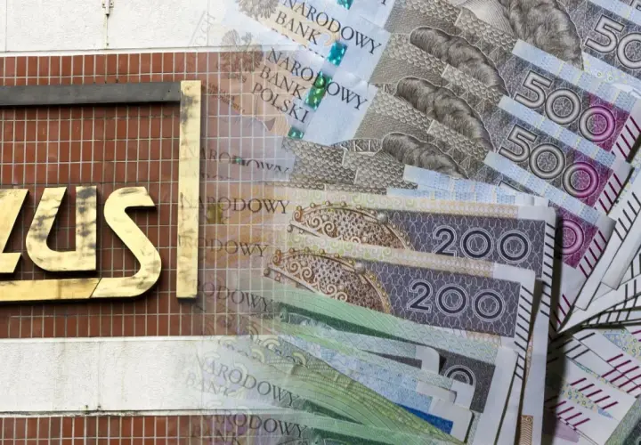 ZUS co to? Złote banknoty 500 i 200 zł leżą obok logo ZUS.