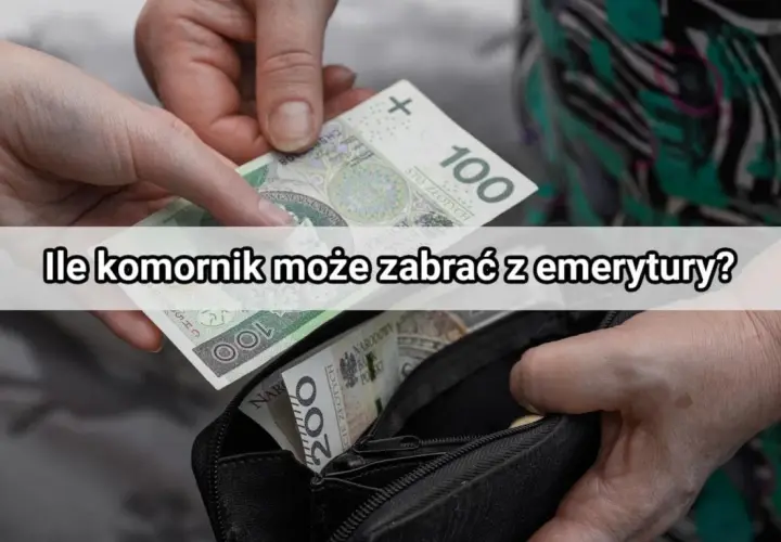 Dwie dłonie wkładają banknoty do portfela. Tekst: "Ile komornik może zabrać z emerytury?".