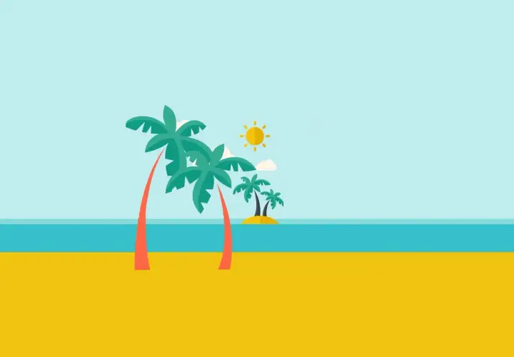 Ilustracja plaży z palmami, słońcem i morzem.