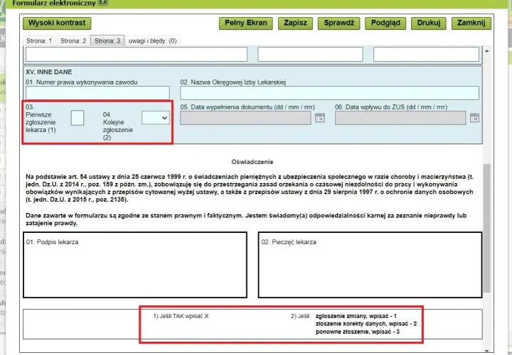 Formularz elektroniczny z polami do wypełnienia, w tym sekcja "XV. INNE DANE" dotycząca zgłoszenia lekarskiego.