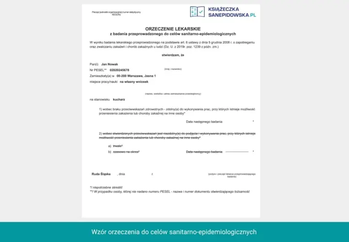 Orzeczenie lekarskie dla kucharza Jana Nowaka, potwierdzające brak przeciwwskazań do pracy, wydane do celów sanitarno-epidemiologicznych.
