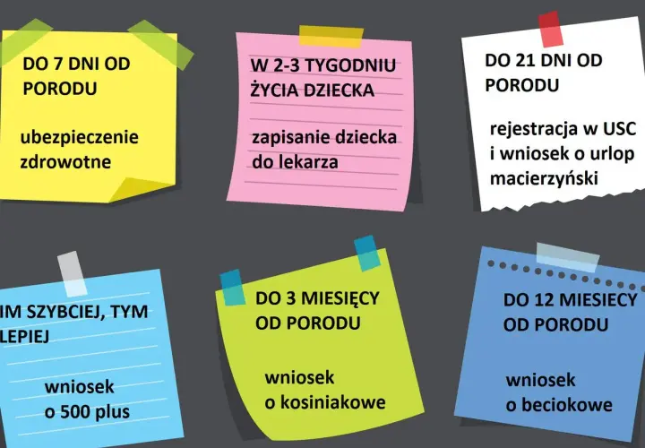 Terminy na urlop okolicznościowy urodzenie dziecka: ubezpieczenie zdrowotne, zapisanie do lekarza, rejestracja w USC, wniosek o 500 plus, kosiniakowe i beciokowe.