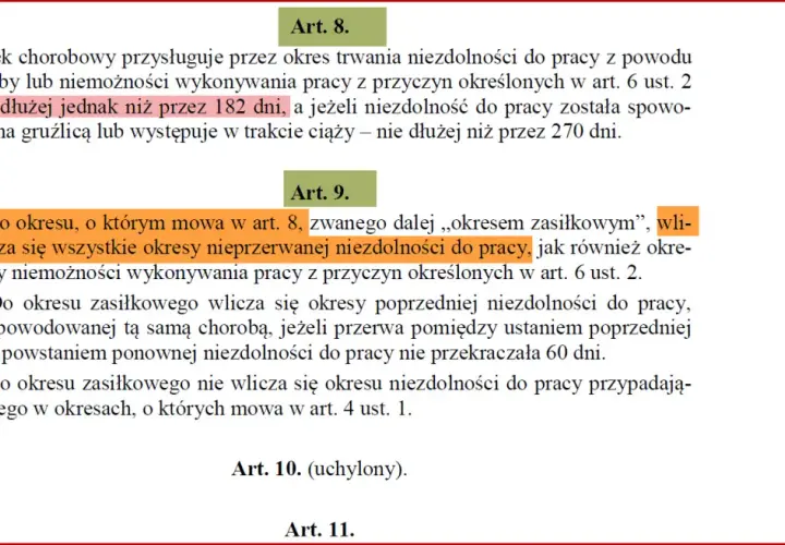 Zasiłek chorobowy trwa do 182 dni. Ponowne zwolnienie lekarskie po 182 dniach choroby jest możliwe, jeśli przerwa między zwolnieniami nie przekracza 60 dni.