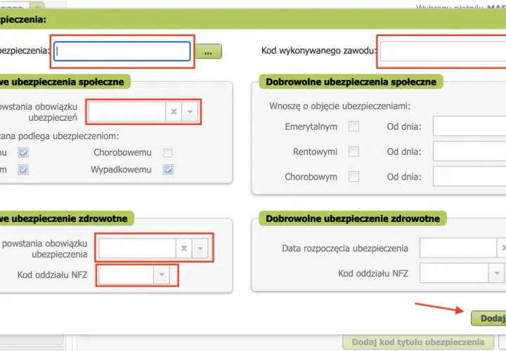 Formularz do wpisania kodu tytułu ubezpieczenia, dat i rodzajów ubezpieczeń. ZUS ZUA to formularz zgłoszeniowy do ubezpieczeń społecznych.