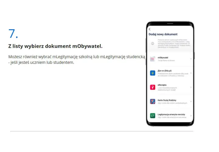 Wybierz z listy dokument mObywatel lub legitymacja emeryta-rencisty.