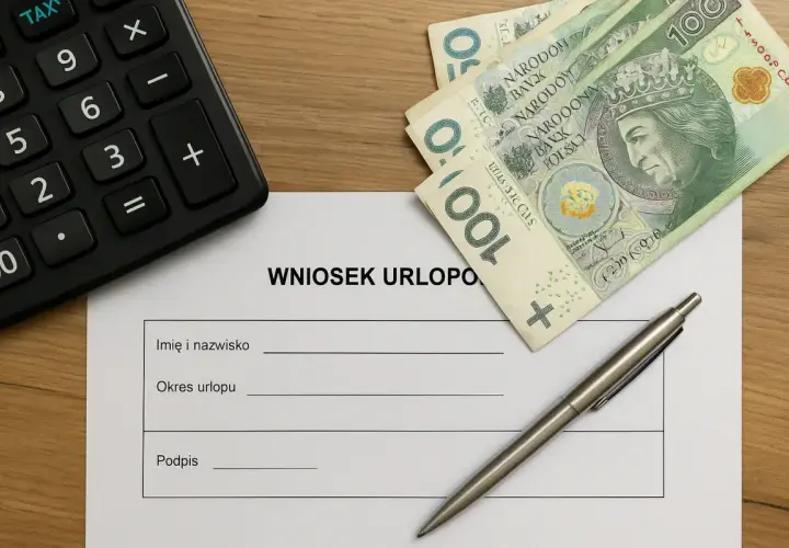 Formularz "Wniosek urlopowy" z polskimi banknotami i kalkulatorem. Pytanie: czy na umowie zlecenie jest urlop?