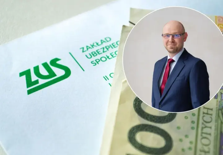 Mężczyzna w garniturze obok dokumentów ZUS i banknotów. Może to być oligofrenopedagog omawiający świadczenia.