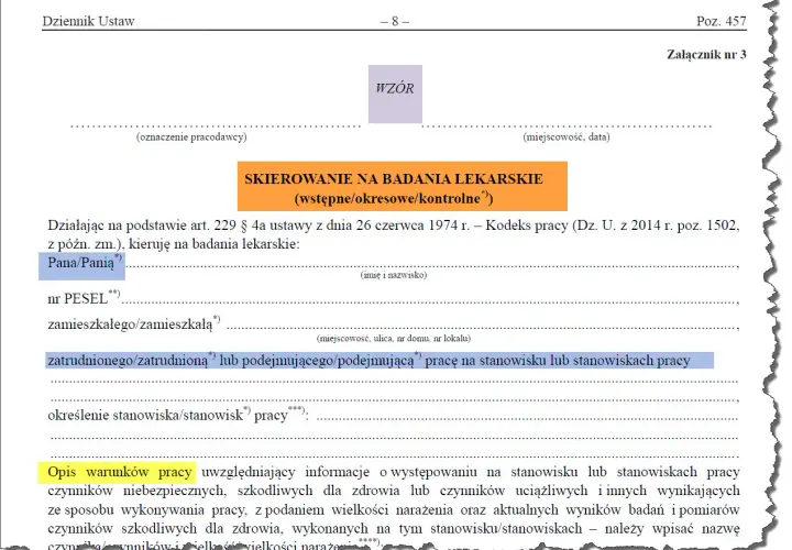 Skierowanie na badania lekarskie pracownika, zawierające dane osobowe, stanowisko pracy i opis warunków pracy.