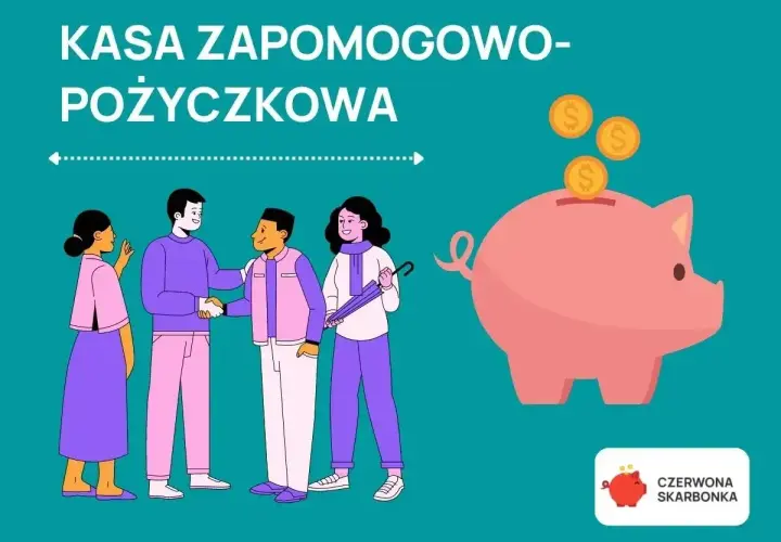 Ludzie współpracują, by zasilić kasę zapomogowo-pożyczkową. Różowa świnka-skarbonka z monetami symbolizuje oszczędności.