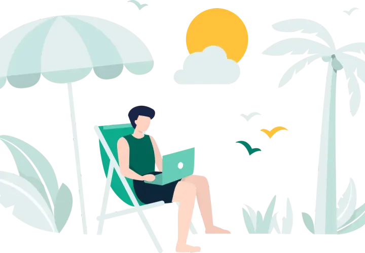 Mężczyzna pracuje na laptopie pod parasolem plażowym, marząc o wakacjach od ZUS 2026. Palmy i słońce dopełniają obraz.