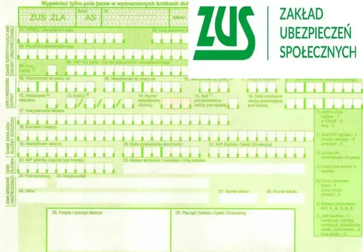 Formularz ZUS ZLA do wypełnienia, gdy ZUS wypłaca L4. Dokument zawiera dane ubezpieczonego, lekarza i płatnika.