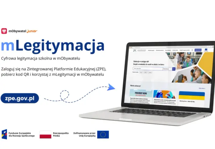 Laptop z otwartą stroną mLegitymacji na ekranie, z tekstem i logotypami.