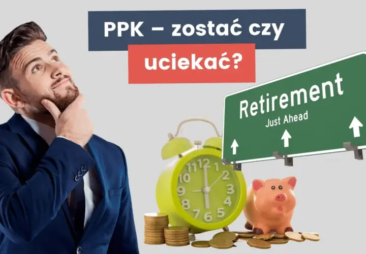 Mężczyzna w garniturze zastanawia się nad zegarem, skarbonką i znakiem "Retirement".
