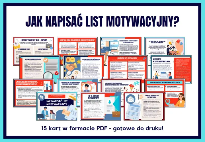 Grafika przedstawia kolaż z kilkunastu mniejszych grafik, które zawierają porady dotyczące pisania listów motywacyjnych.