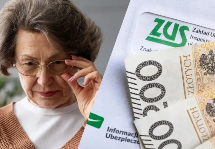 Starsza pani z okularami analizuje dokumenty ZUS i polskie banknoty. Czy to dodatek do renty socjalnej?