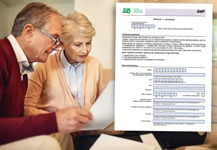 Starsze małżeństwo przegląda dokumenty ZUS dotyczące wniosku o emeryturę.